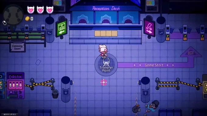 Landing screen for a new game, showcases UI with Bash the white haired devil in the center of the screen 