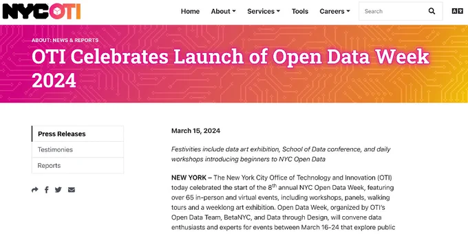 Website screenshot of a press release with multicolored header