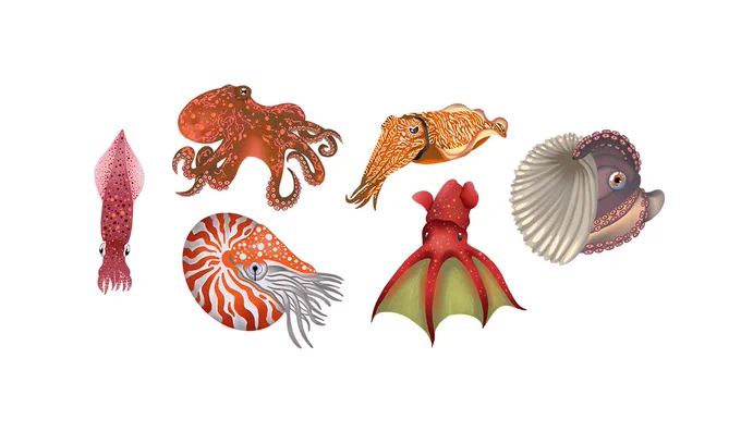 Six cartoons of cephalopods