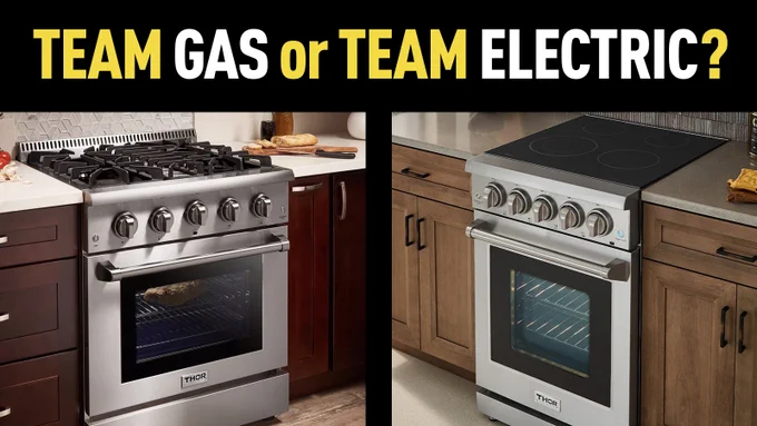 [text] "Team gas or team electric?" above a split screen of a gas stove (left) and electric stove (right). 