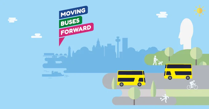 Blue graphic with illustrations of yellow buses and St Helens Dream statue. Moving Buses Forward logo