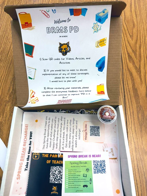 A box that contains a cover note that says "PD in a box." It contains some candy, a page of instructions with QR codes and individual PD activities for teachers and some small pieces of paper with quick, fun spring break recharge ideas.