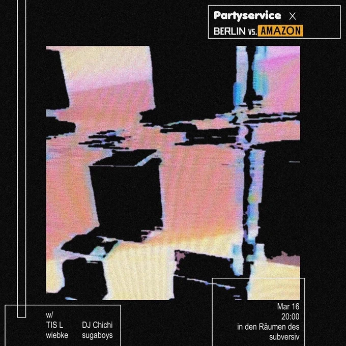 Share pic: anstrakte grafik mit schwarzen klötzen vor rosa hintergrund, "Partyservice x Berlin vs Amazon" (weitere Infos siehe Posts)