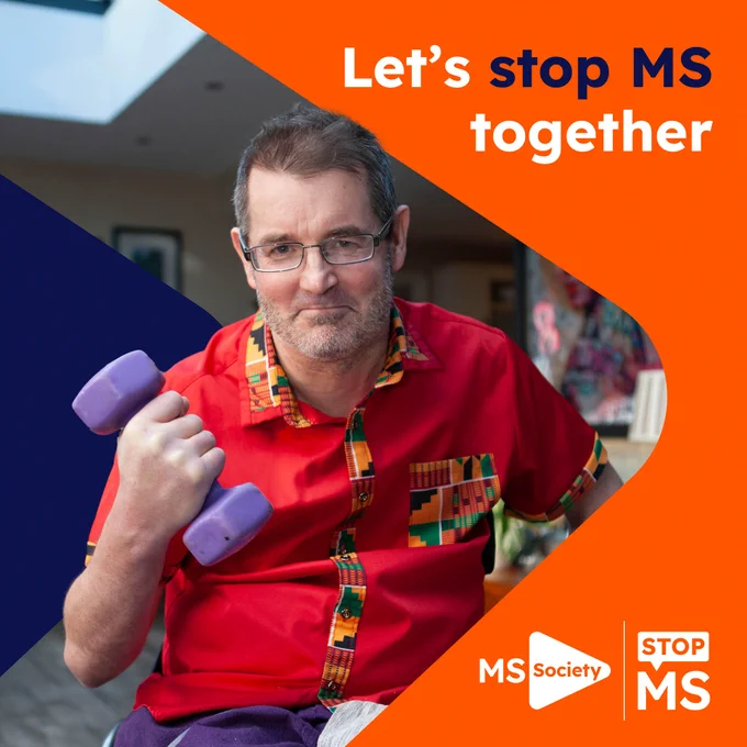 Image shows a picture of Mark holding a weight, along with the text "Let's stop MS together"