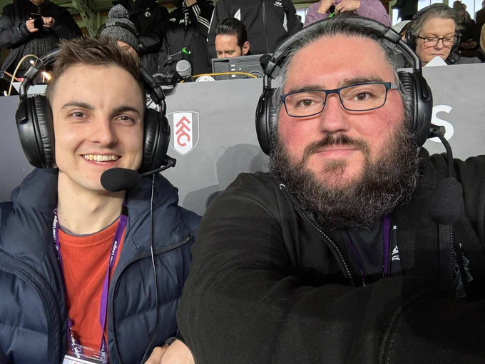 Photo of the Jake and Alex (left to right) ready to go at the match before Fulham v Spurs from Craven Cottage 
