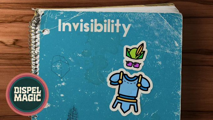 A spiral bound note book bearing the Dispel Magic logo, the episode of the title (invisibility), and a sticker of armor, glasses, and a hat arranged such that they suggest an invisible person wearing them.
