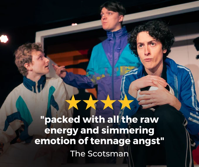 Stuart Edgar, Bailey Newsome and Benjamin Keachie on stage with text: "packed with all the raw energy and simmering emotion of teenage angst" 
