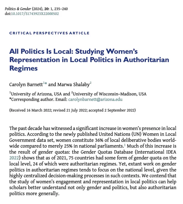 Critical Perspectives article entitled "All Politics Is Local: Studying Women’s Representation in Local Politics in Authoritarian Regimes
" by Carolyn Barnett and Marwa Shalaby.