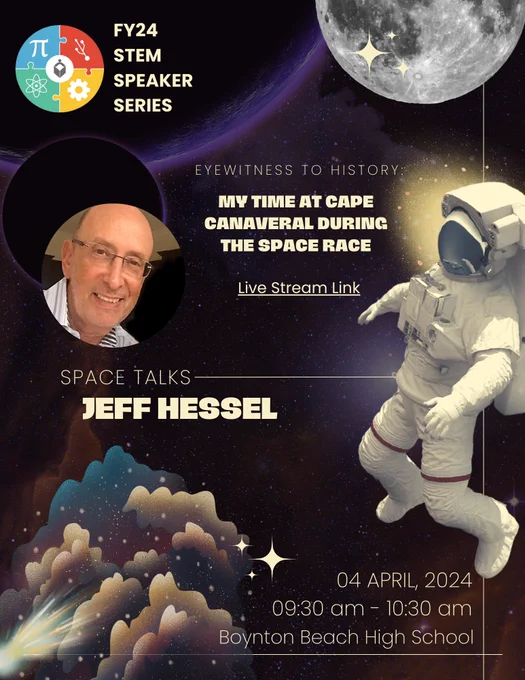 The first of several presentations in the Space Talks series, join Jeff Hessel as he recounts his incredible journey at Cape Canaveral - ground zero of our Space Program. After graduating with an engineering degree, he started his career at the Cape during the height of the Space Race and the time of the Apollo program. The presentation includes history of the Cape, why the location was selected, competition with the Soviet Union, rare archival footage of JFK’s last visit to the Cape - six days before his tragic trip to Dallas, witnessing the Apollo 11 launch and much more. The presentation combines history, some little-known facts and Jeff’s own experiences. His behind-the-scenes narrative about this unique time in our history is both educational and entertaining.