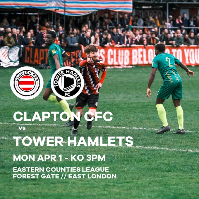 Clapton Community FC vs Tower Hamlets takes place on Monday, April 1 2024 with a 3pm kick off at the Old Spotted Dog Ground, Forest Gate, East London.

