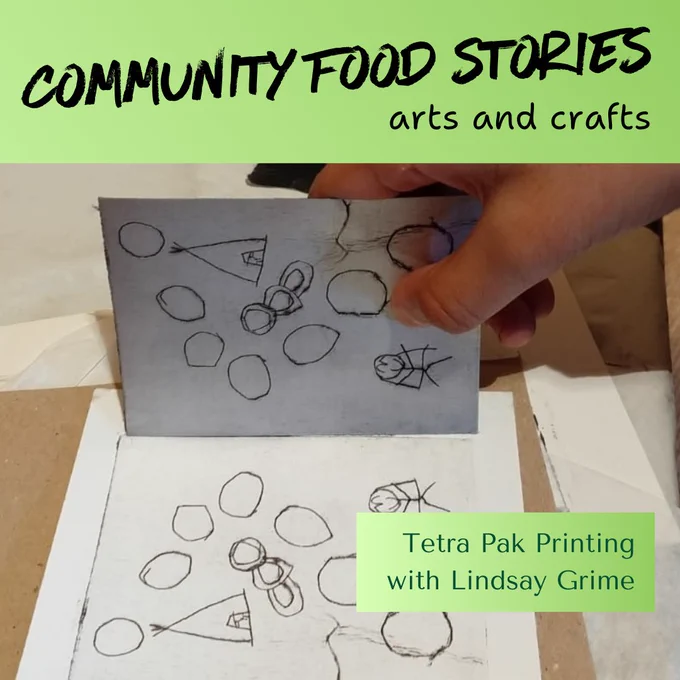 Text: Community Food Stories, arts and. crafts. Food and climate collage with Isabelle Morris-McIntyre. Photo of an etched tetrapak and the resulting print showing a tent and some people.