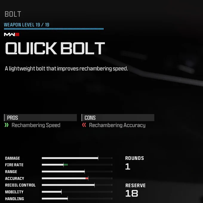 A screenshot of the Quick Bolt Attachment for the MORS in the Call of Duty: Modern Warfare III (2023) Gunsmith.