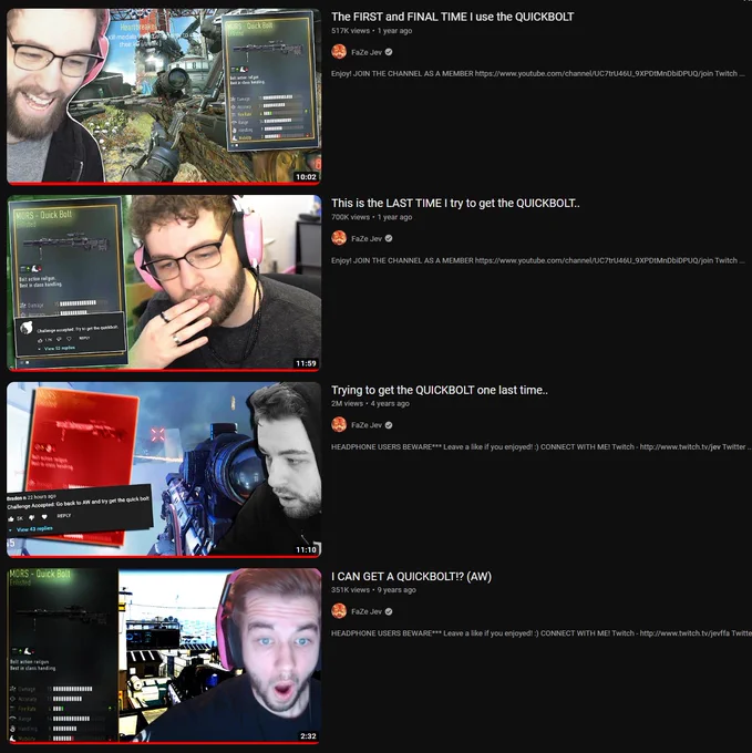 A screenshot of Faze Jev's YouTube videos where he desperately tries to get the Quick Bolt variant of the MORS in Call of Duty: Advanced Warfare (2014).