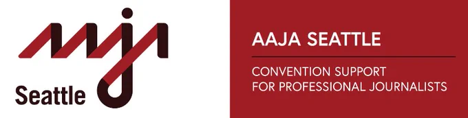 Invitation with red, black and white AAJA Seattle logo. Text reads AAJA Seattle convention support for professional journalists. 