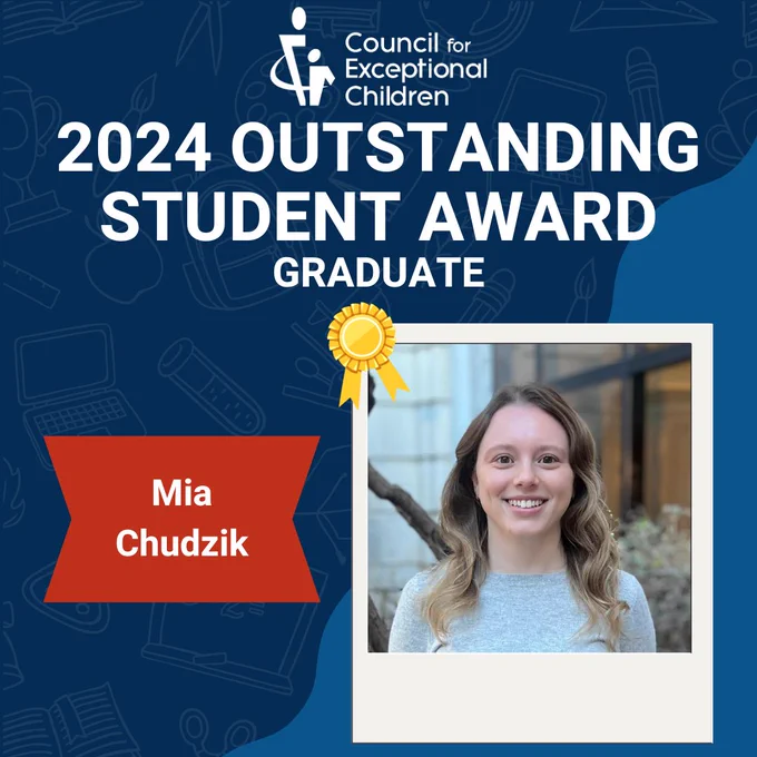 Dark blue background with lighter colored repeating background of school supplies. There is a polaroid photo frame with an image of Mia Chudzik. The text reads, "2024 Outstanding Student Award; Graduate: Mia Chudzik"