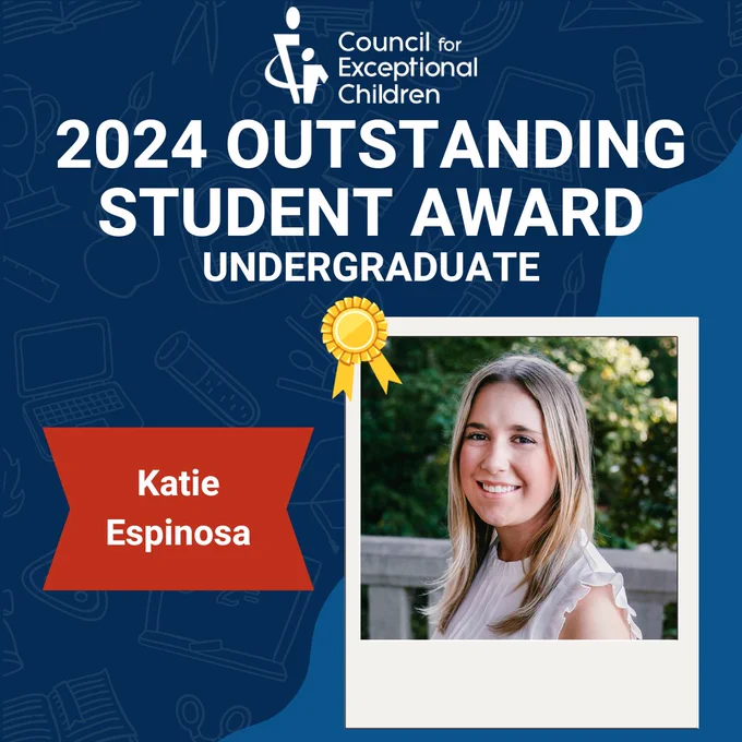 Dark blue background with lighter colored repeating background of school supplies. There is a polaroid photo frame with an image of Katie Espinosa. The text reads, "2024 Outstanding Student Award; Undergraduate: Katie Espinosa"