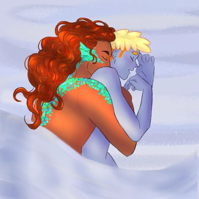 A digital painting of Cass and Mako curled up in the sun, asleep. 