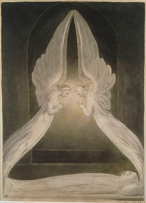 The Angels hovering over the body of Christ in the Sepulchre, a watercolour by William Blake, ca. 1805, commissioned by Thomas Butts, one of Blake's most loyal patrons, who commissioned Blake to make over 80 watercolours of subjects from the Bible.

This watercolour depicts the body of Jesus Christ, which was placed in a cave (his tomb or sepulchre) following his death by crucifixion. When Mary Magdalene visits, she is startled to find two angels sitting at the head and feet 'where the body of Jesus had lain'. Jesus then appears and speaks to her. For his imagery Blake sought out a description in the Book of Exodus in the Old Testament. When the prophet Moses is alone on Mount Sinai, God tells him to instruct the Israelites to make a 'mercy seat' flanked by cherubims (angels) all made of gold. The description of the angels in Exodus is the source for Blake's design here. This is an unusual and striking visual interpretation of the biblical text.

Text/Image via collections.vam.ac.uk