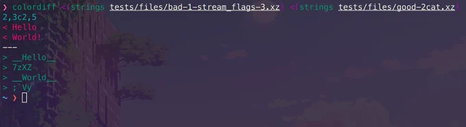 diff of running strings on an existing test fixture in the xz project and the  one containing the injected code added by the attacker