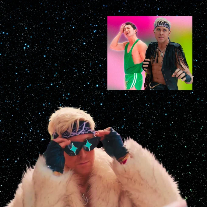 Villain Ken has sunglasses with blue stars and is hovering over a field of stars. In his mind's eye he can see an image of Rival Ken and Villain Ken looking hott and wants them to be made into spaceship enamel pins.