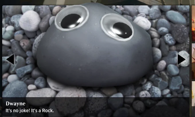 Arena screen of a rock pet with googly eyes