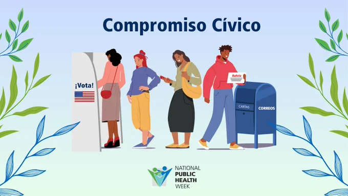 Compromiso cívico" con una ilustración de personas esperando en la fila para votar y una persona que está enviando su voto por correo. El logotipo de NPHW está situado debajo y tiene un diseño de hojas de enredadera alrededor