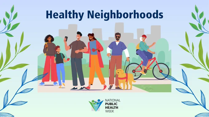 'Healthy Neighborhoods' with illustrations of two people with backpacks, two people walking arm in arm, a person with a cane and seeing eye dog and a person riding a bicycle. The NPHW logo is below, with a design of vines around.