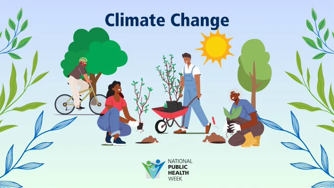 'Climate Change' with illustrations of a person riding a bike by a tree and a few people planting trees with the sun shining behind. The NPHW logo is below, with a design of vines around.