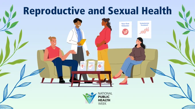 'Reproductive and Sexual Health' with an illustration of a doctor with a pregnant patient and others in a waiting room with signs and brochures about 'Your First Trimester,' 'Testosterone Treatment' and 'Ectopic Pregnancy.' The NPHW logo is below, with a design of vines around.