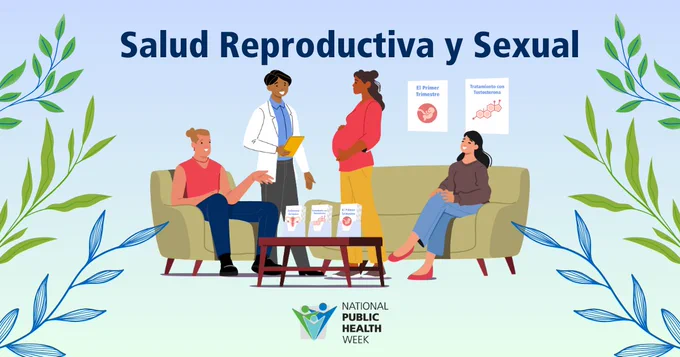 "Salud reproductiva y sexual" con una ilustración de un médico con una paciente embarazada y otras personas en una sala de espera con letreros y folletos sobre "Su primer trimestre", "Tratamiento con testosterona" y "Embarazo ectópico". El logotipo de NPHW está situado debajo y tiene un diseño de hojas de enredadera alrededor.