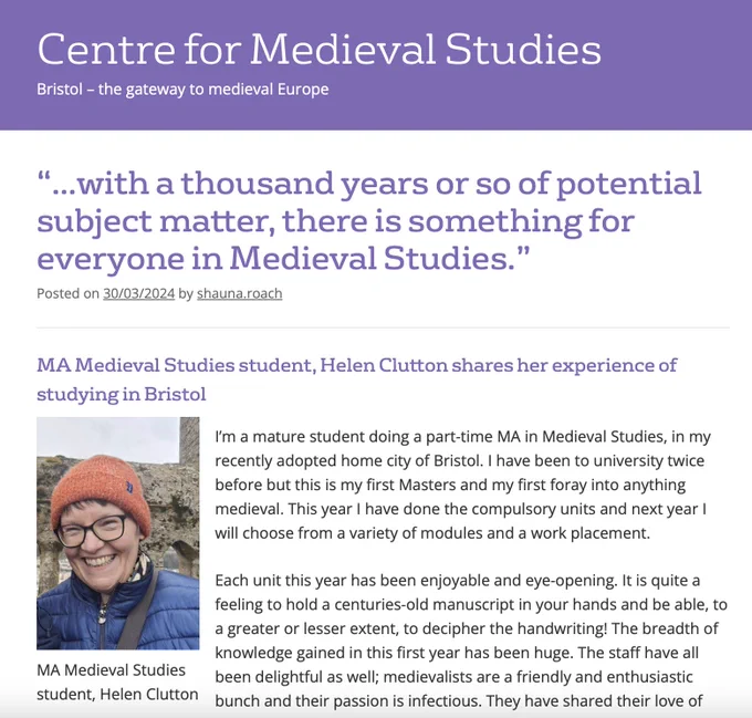 Screenshot of blog post from MA student, Helen Clutton