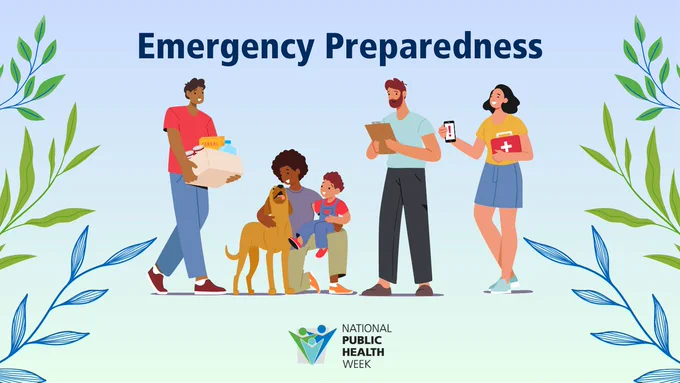 'Emergency Preparedness' with illustrations of a person carrying a box of food supplies, a person kneeling with a toddler and dog, a person holding a clipboard and a person holding a first aid kit and a phone with an emergency alert. The NPHW logo is below, with a design of vines around.