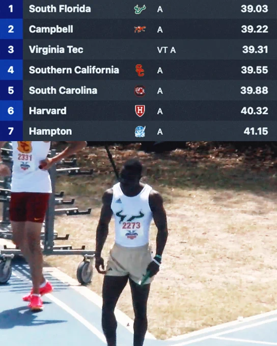USF take the Florida Relays men's 4x100m title in 39.03