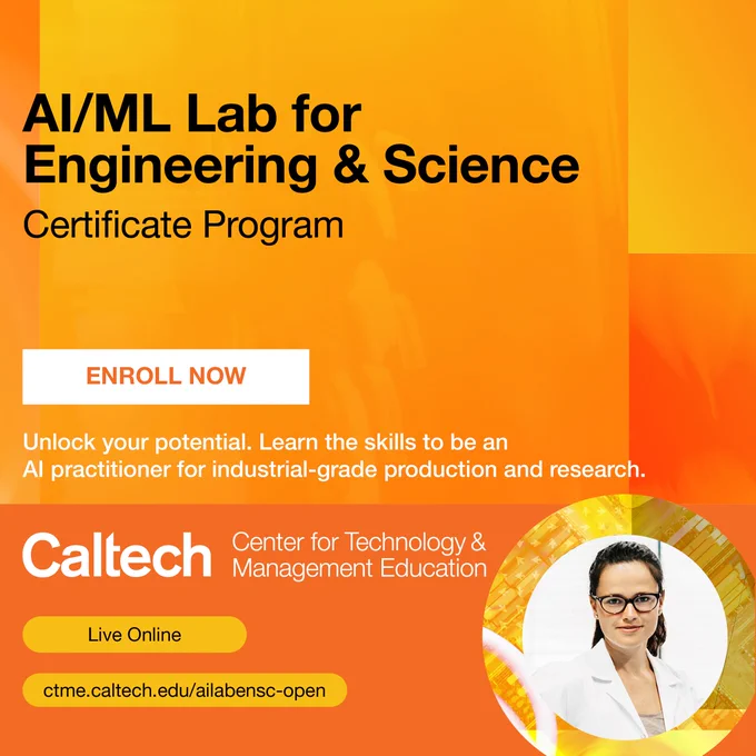 Image card about the Caltech certificate course AI/ML Lab for Engineering and Science. Enrollment call to action and course info: live online. 