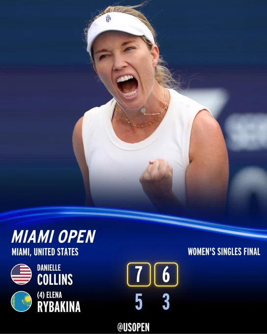 Score Graphic: Danielle Collins defeats Elena Rybakina 7-5, 6-3 in the Miami Open final.