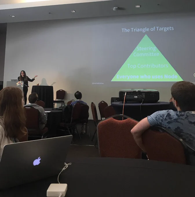 Rachel Tobac in 2018 at Node Summit giving a talk about the likely targets social engineers would consider attacking to build trust and introduce vulnerabilities into open source code that is run by millions of people.