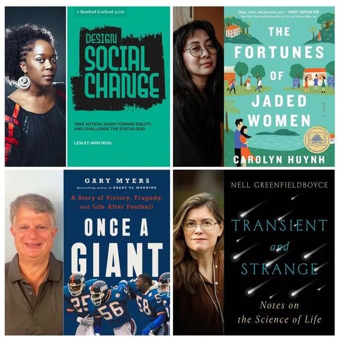 Pictures of our April Literary Thursdays guests—Lesley-Ann Noel, Carolyn Huynh, Gary Myers, and Nell Greenfieldboyce—and their book covers.
