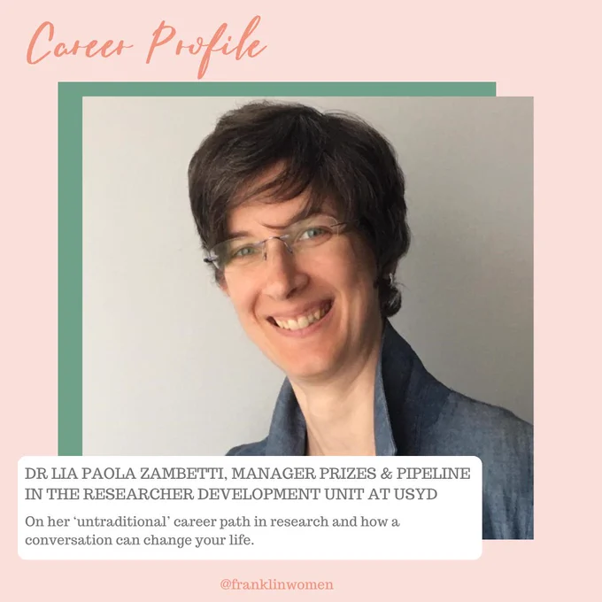 Pink graphic with image of brunette woman wearing glasses with pink and grey text 