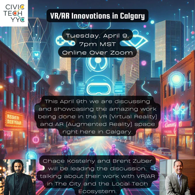 Promo Image with the event description text over a view from a VR/AR Headset with overlays on the city landscape as a concept art piece. The art is AI Generated. CivicTechYYC Logo is in the top left corner. 