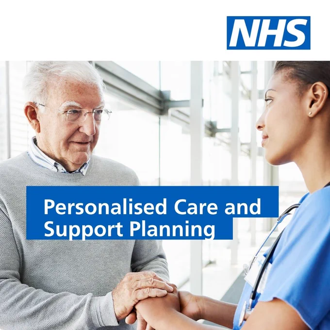 NHS logo top right. Photograph of two people talking and holding hands. Words: Personalised Care and Support Planning