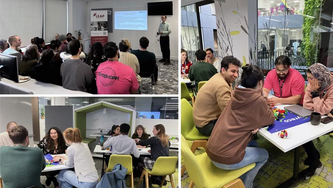 Collage of images of PhD students listening to a talk and seated around tables taking part in a workshop.