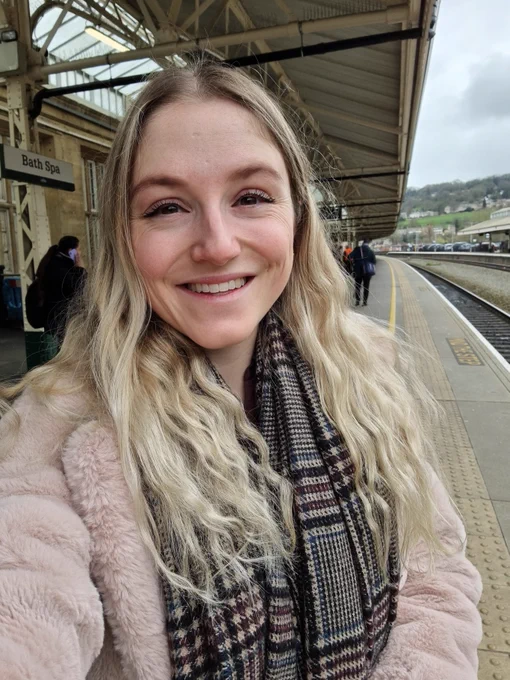 A picture of myself on the platform of Bath Spa train station.