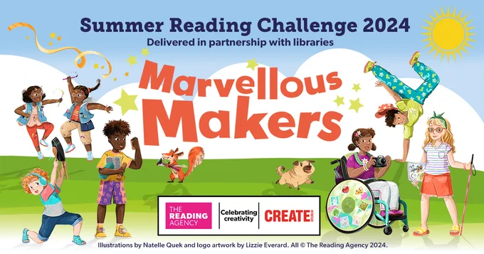 Graphic with illustrated children playing on green grass. Text reads: Summer Reading Challenge 2024 delivered in partnership with libraries - Marvellous Makers. The Reading Agency and Create logos are at the bottom.