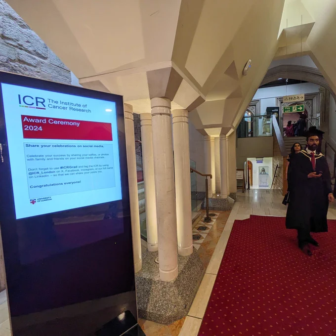 Electronic screen showing the ICR's logo, saying Award Ceremony 2024.