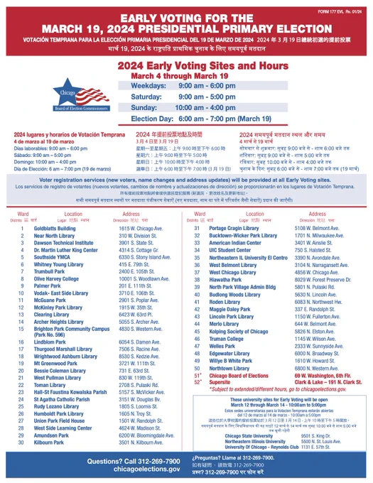 Full list of EV sites. Also found here: https://chicagoelections.gov/voting/early-voting
