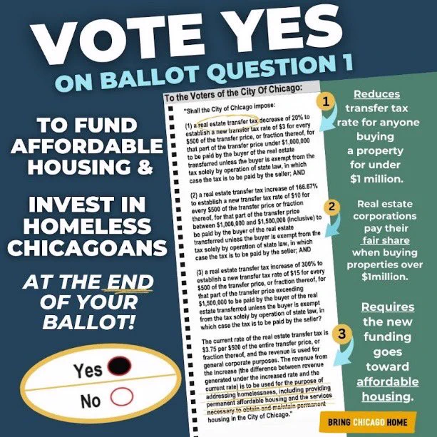 Information about the Ballot initiative with a sample ballot. 

Text says: VOTE YES ON BALLOT QUESTION 1 to fund affordable housing  & invest in homeless Chicagoans at the END of your Ballot!

Ballot points are called out:

1. Reduces transfer tax rate for anyone buying a property under $1 million
2. Real estate corporations pay their fair share when buying properties over $1million
3. Requires the new funding to go toward affordable housing 