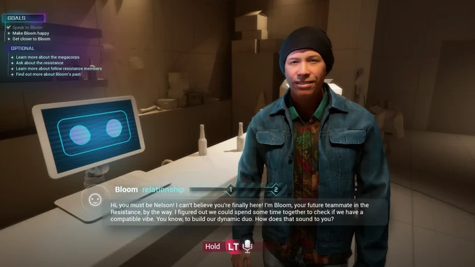 A NPC is having a discussion with the player. 
The bottom of the screen shows what the NPC is saying.