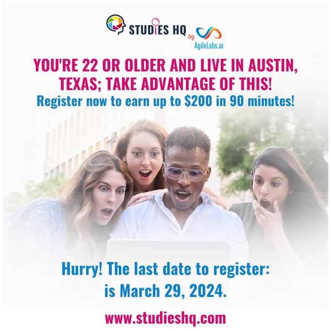 oin our study in Austin, TX! Grab the chance to earn $200 in just 90 minutes by participating in our study.  Register now: https://forms.gle/rumQVh2nVTem83jP9  #TechStudy #AustinInnovation #EarnRewards