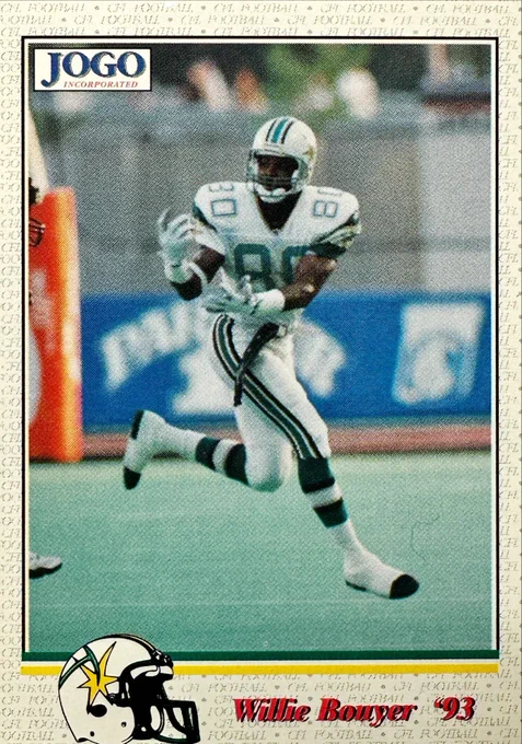A trading card featuring an American football player mid-action on the field, with the text "JOGO Incorporated" at the top and the player's name "Willie Bouyer '93" at the bottom along with a small illustration of a helmet.