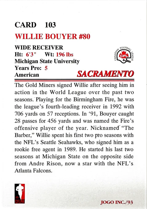Trading card text for Willie Bouyer #80, a wide receiver with specs and career highlights, including his previous teams like the NFL's Seattle Seahawks and Michigan State University, as well as information on his performance in the World League.